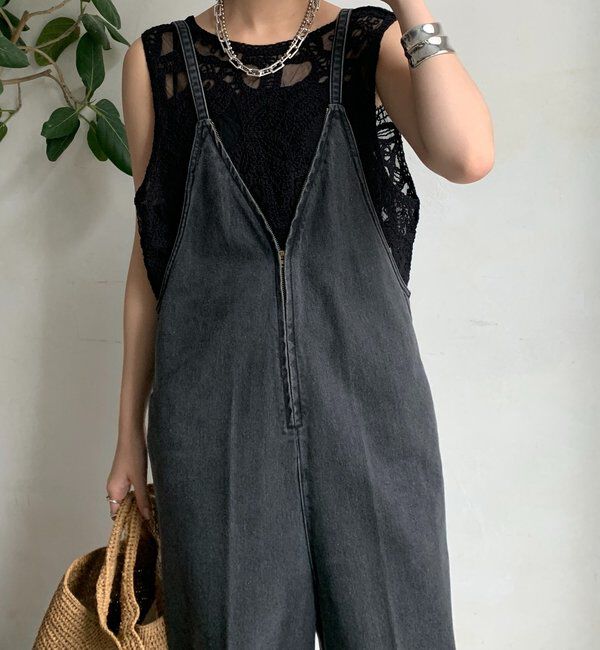  「細紐デニムフロントジップサロペット」|ワンピース|