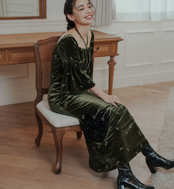  「【オケージョンドレス/結婚式】velour bell sleeve dress」|ドレス|カーキ