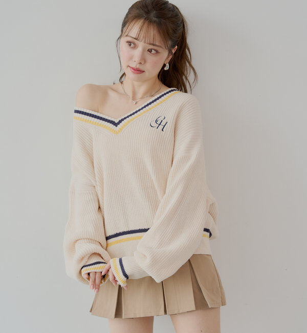  「ライン入りVルーズニット」|ニット・セーター|イエローその他1