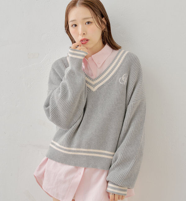  「ライン入りVルーズニット」|ニット・セーター|グレー