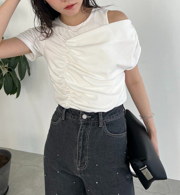  「【即完につき再入荷/新色ブラウン】アシメギャザーTシャツ」|Tシャツ・カットソー|