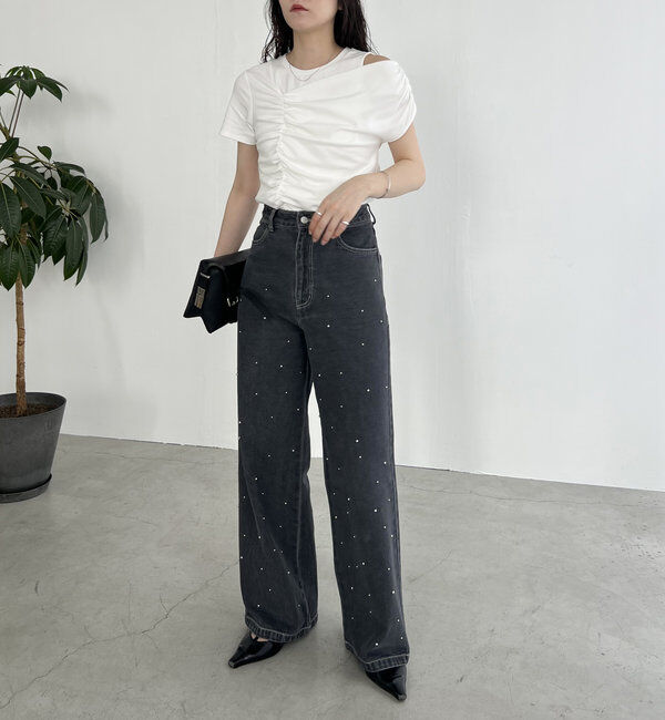  「【即完につき再入荷/新色ブラウン】アシメギャザーTシャツ」|Tシャツ・カットソー|