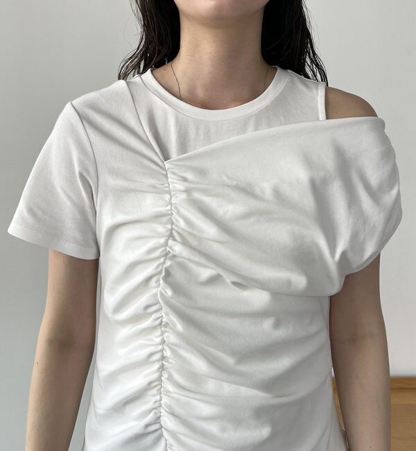  「【即完につき再入荷/新色ブラウン】アシメギャザーTシャツ」|Tシャツ・カットソー|