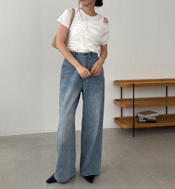  「【即完につき再入荷/新色ブラウン】アシメギャザーTシャツ」|Tシャツ・カットソー|