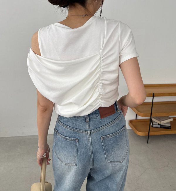  「【即完につき再入荷/新色ブラウン】アシメギャザーTシャツ」|Tシャツ・カットソー|