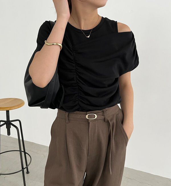  「【即完につき再入荷/新色ブラウン】アシメギャザーTシャツ」|Tシャツ・カットソー|