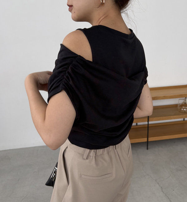  「【即完につき再入荷/新色ブラウン】アシメギャザーTシャツ」|Tシャツ・カットソー|