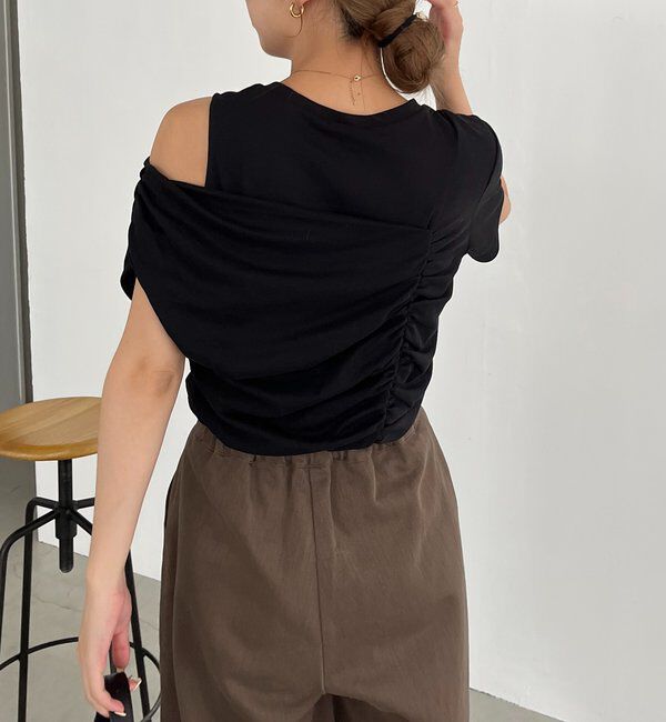  「【即完につき再入荷/新色ブラウン】アシメギャザーTシャツ」|Tシャツ・カットソー|