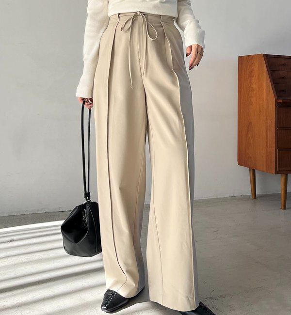  「【低身長サイズあり】ピンタックリボンパンツ」|チノ|ベージュ