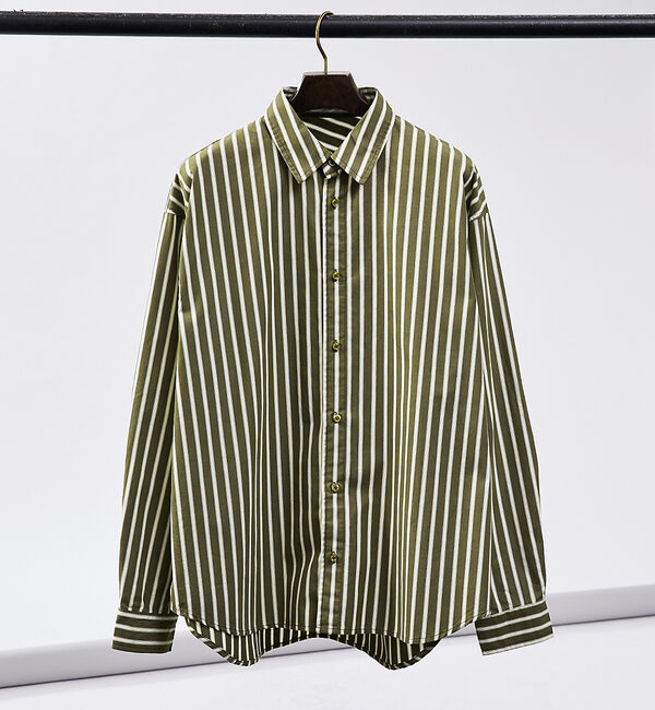 ABAHOUSE「【バイアスヨーク】オーバー ストライプシャツ」|シャツ・ブラウス|モスグリーン