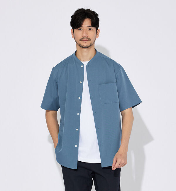 ABAHOUSE「【変形襟】トロミシャンブレー カラーレス 半袖シャツ / バンドカラー」|シャツ・ブラウス|ブルー系その他1