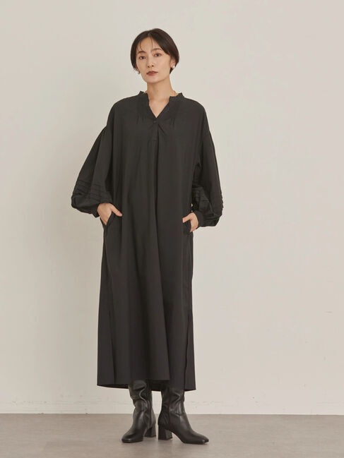  「袖ボリュームバンドカラーワンピース」|ワンピース|