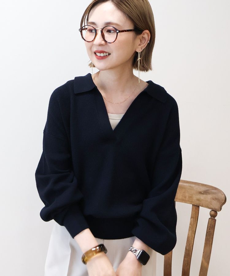 AMERICAN HOLIC「バイパチ片畦衿付きニットプルオーバー＜静電気軽減＞」|ニット・セーター|