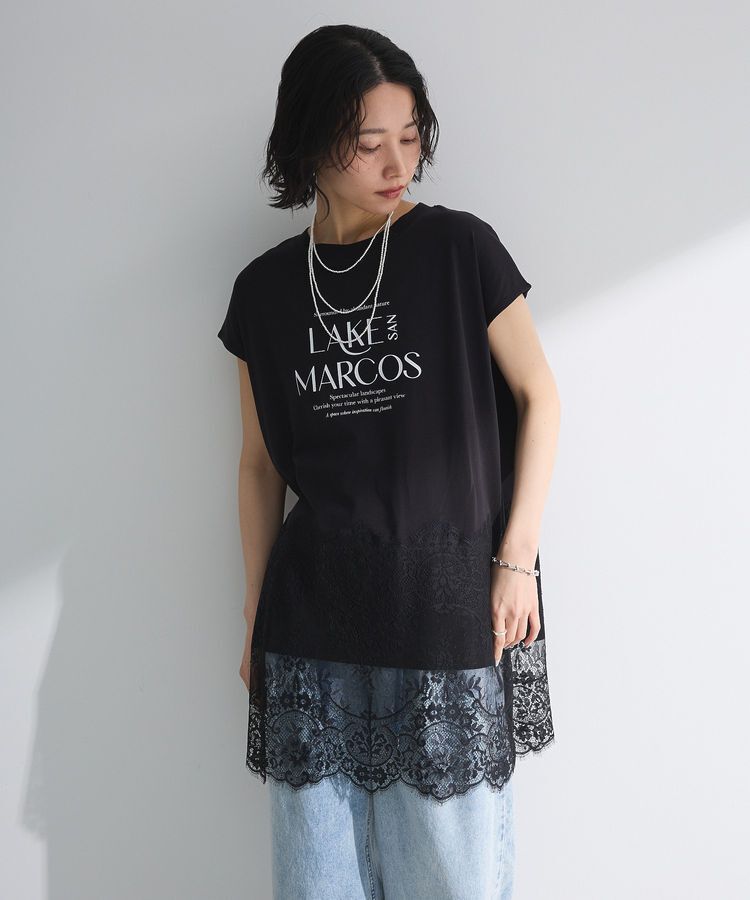 Green Parks「フレンチスリーブ裾レースロゴチュニック」|チュニック|Black