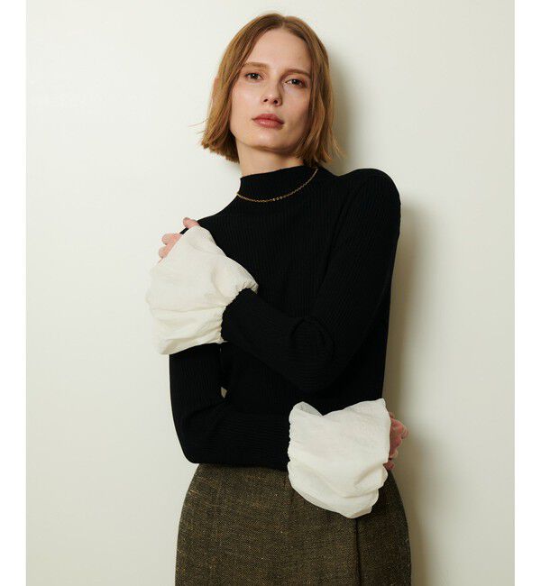 allureville「タフタバルーンスリーブコンビプルオーバー」|ニット・セーター|ブラック系