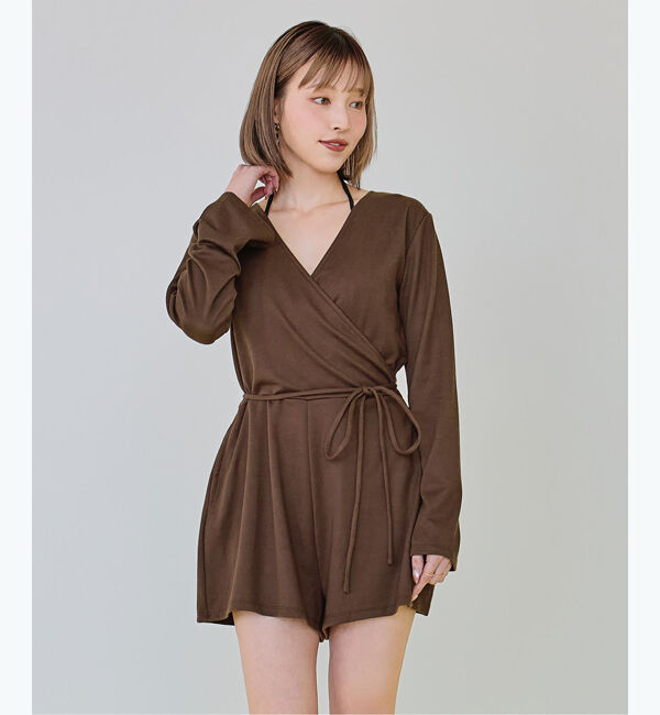 SEA DRESS「細リブカシュクールオールインワン」|コンビネゾン|ブラウン