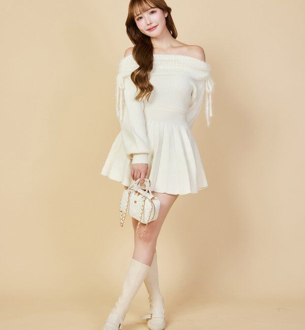  「オフショルプリーツニットミニワンピ」|ワンピース|
