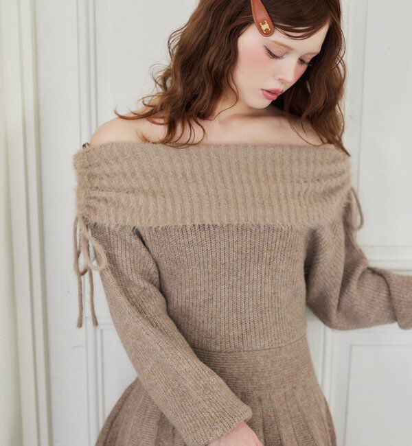  「オフショルプリーツニットミニワンピ」|ワンピース|