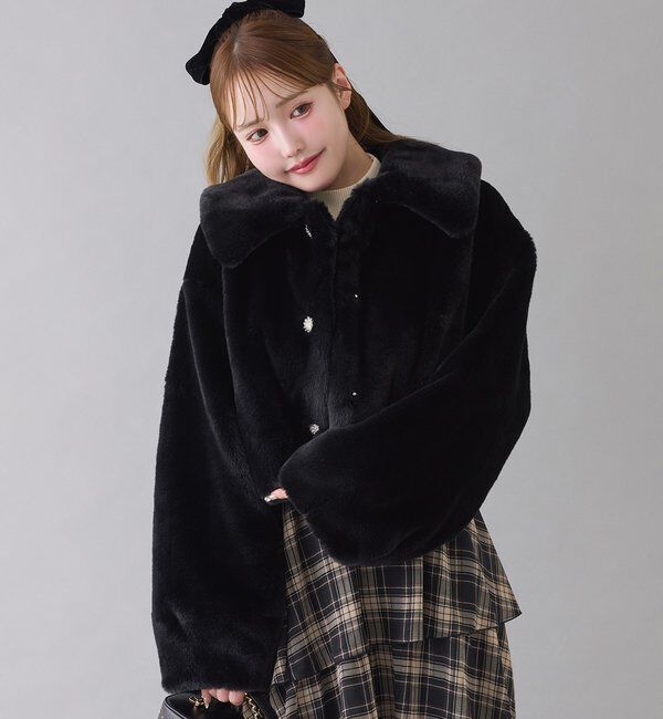  「衿つきエコファーショートコート」|ダウンベスト・ベスト|ブラック