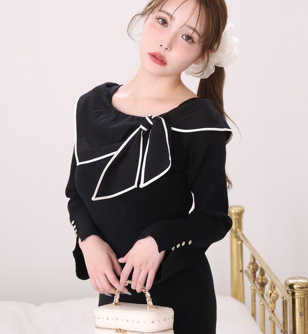  「異素材リボンニットロングワンピース」|ワンピース|