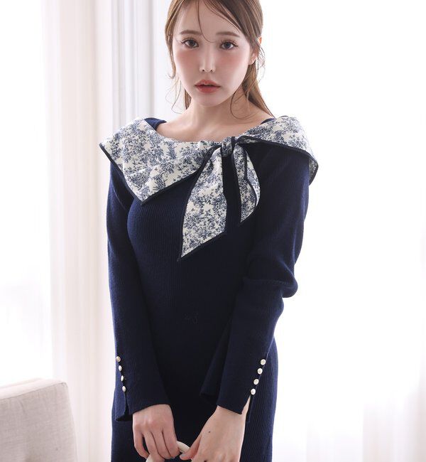  「異素材リボンニットロングワンピース」|ワンピース|