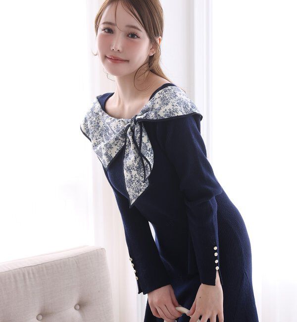  「異素材リボンニットロングワンピース」|ワンピース|