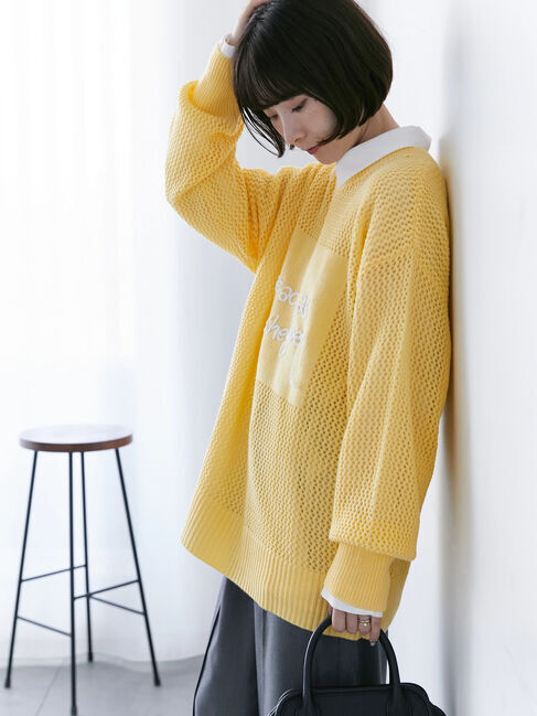 Samansa Mos2 blue「ロゴメッシュニットプルオーバー」|ニット・セーター|