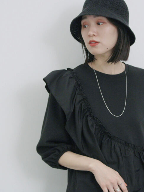 Samansa Mos2 blue「7分袖ドッキングフリルプルオーバー」|Tシャツ・カットソー|