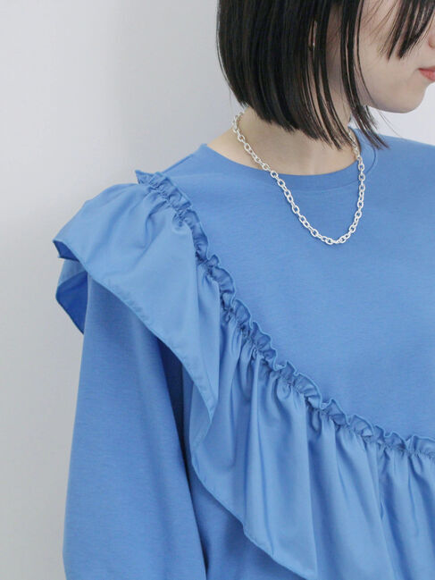 Samansa Mos2 blue「7分袖ドッキングフリルプルオーバー」|Tシャツ・カットソー|
