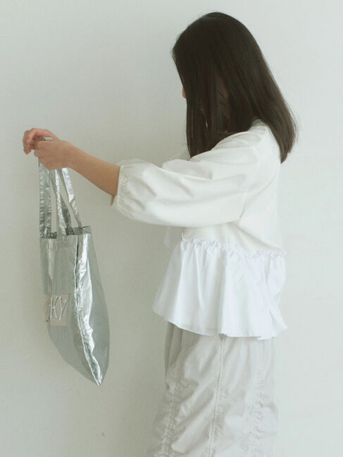 Samansa Mos2 blue「7分袖ドッキングフリルプルオーバー」|Tシャツ・カットソー|