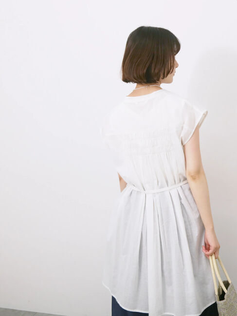 Samansa Mos2 blue「【Made in India】シャーリングノースリーブチュニック」|シャツ・ブラウス|