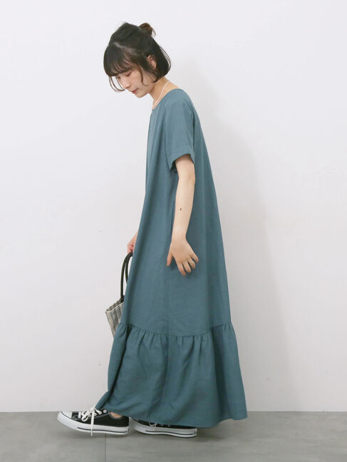 Samansa Mos2 blue「リネンタッチマキシティアードワンピース」|ワンピース|