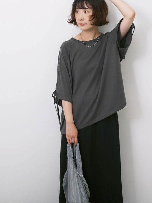 Samansa Mos2 blue「◎【接触冷感】ベロアラインリボンTシャツ」|Tシャツ・カットソー|