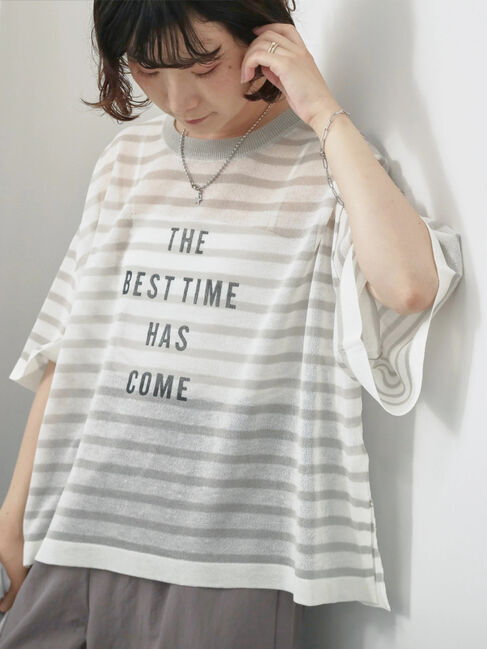 Samansa Mos2 blue「ボーダーロゴニットプルオーバー」|ニット・セーター|