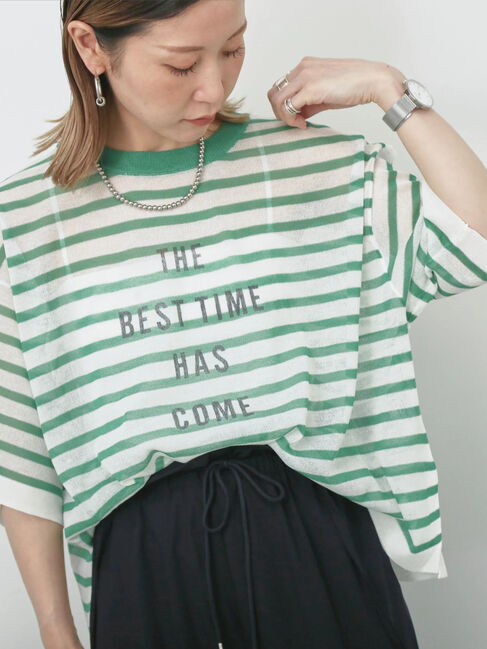 Samansa Mos2 blue「ボーダーロゴニットプルオーバー」|ニット・セーター|