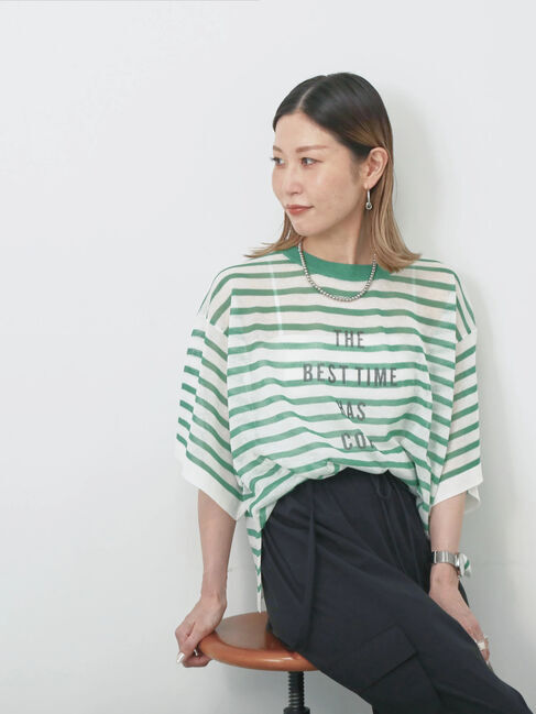 Samansa Mos2 blue「ボーダーロゴニットプルオーバー」|ニット・セーター|