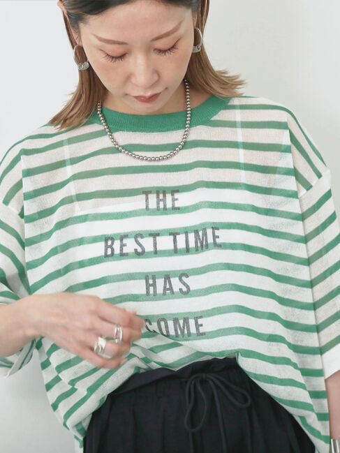 Samansa Mos2 blue「ボーダーロゴニットプルオーバー」|ニット・セーター|グリーン