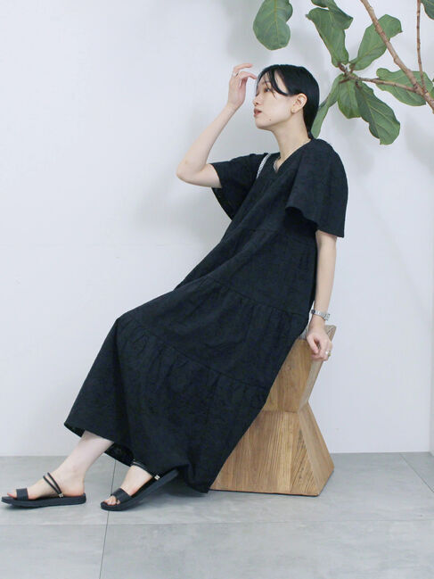 Samansa Mos2 blue「花ジャガードティアードワンピース」|ワンピース|