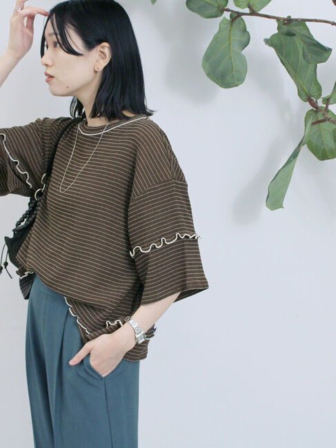 Samansa Mos2 blue「配色メローアソートプルオーバー」|Tシャツ・カットソー|