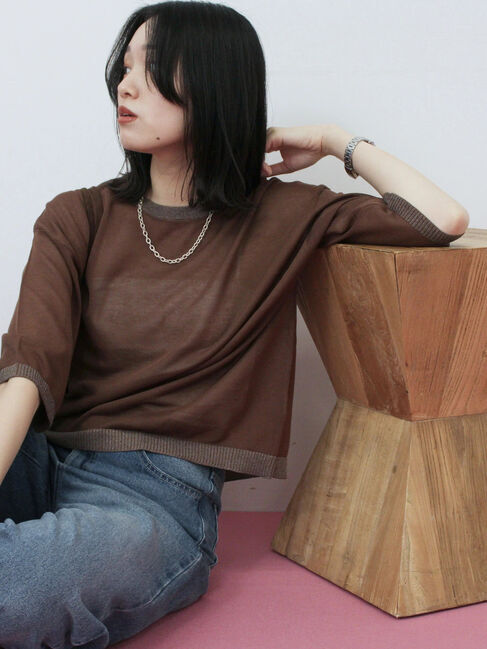 Samansa Mos2 blue「7分袖ラメニットプルオーバー」|ニット・セーター|ブラウン