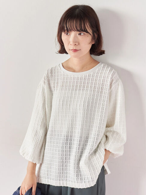 Samansa Mos2 blue「ジャカードボリュームスリーブプルオーバー」|Tシャツ・カットソー|