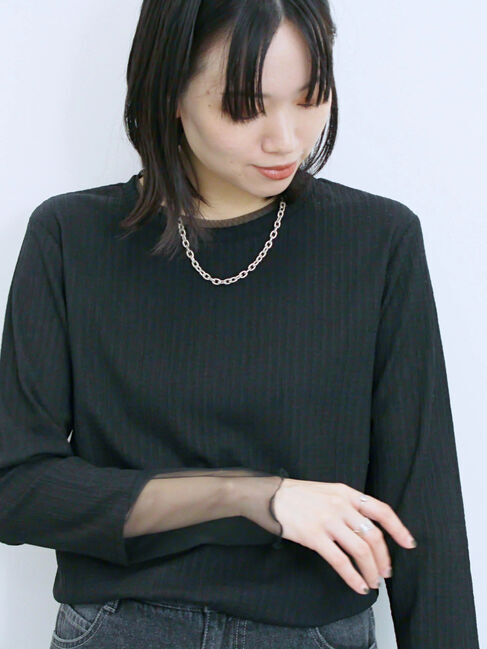 Samansa Mos2 blue「膨れジャガード袖チュールプルオーバー」|Tシャツ・カットソー|