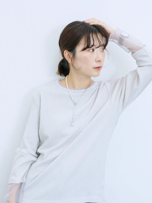 Samansa Mos2 blue「膨れジャガード袖チュールプルオーバー」|Tシャツ・カットソー|