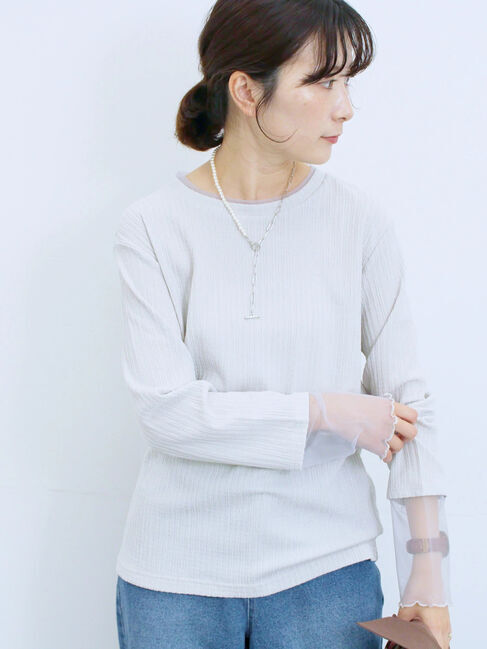 Samansa Mos2 blue「膨れジャガード袖チュールプルオーバー」|Tシャツ・カットソー|