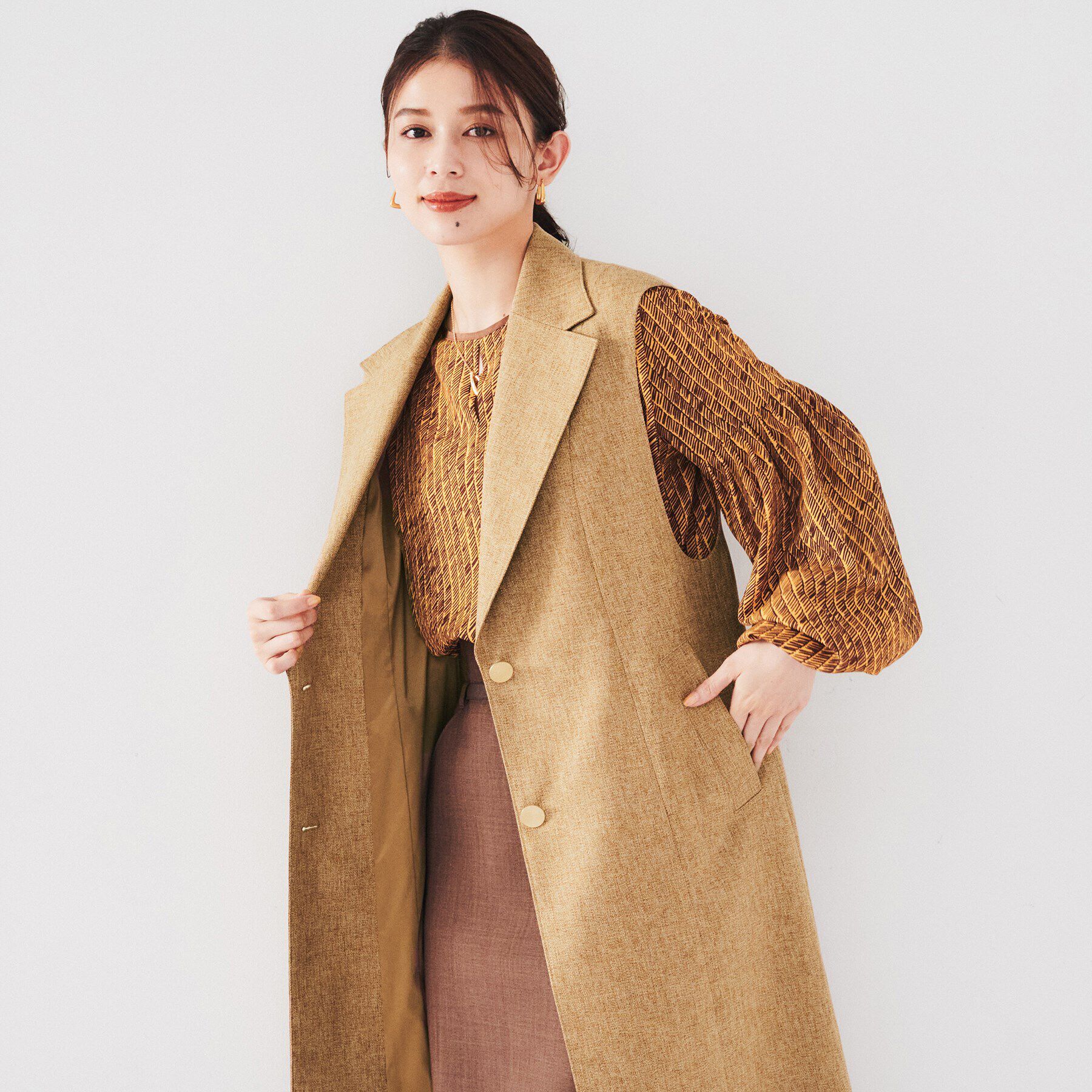 UNTITLED「【ツイードライク/セットアップ可】メランジ ロングジレ」|ベスト・ジレ|