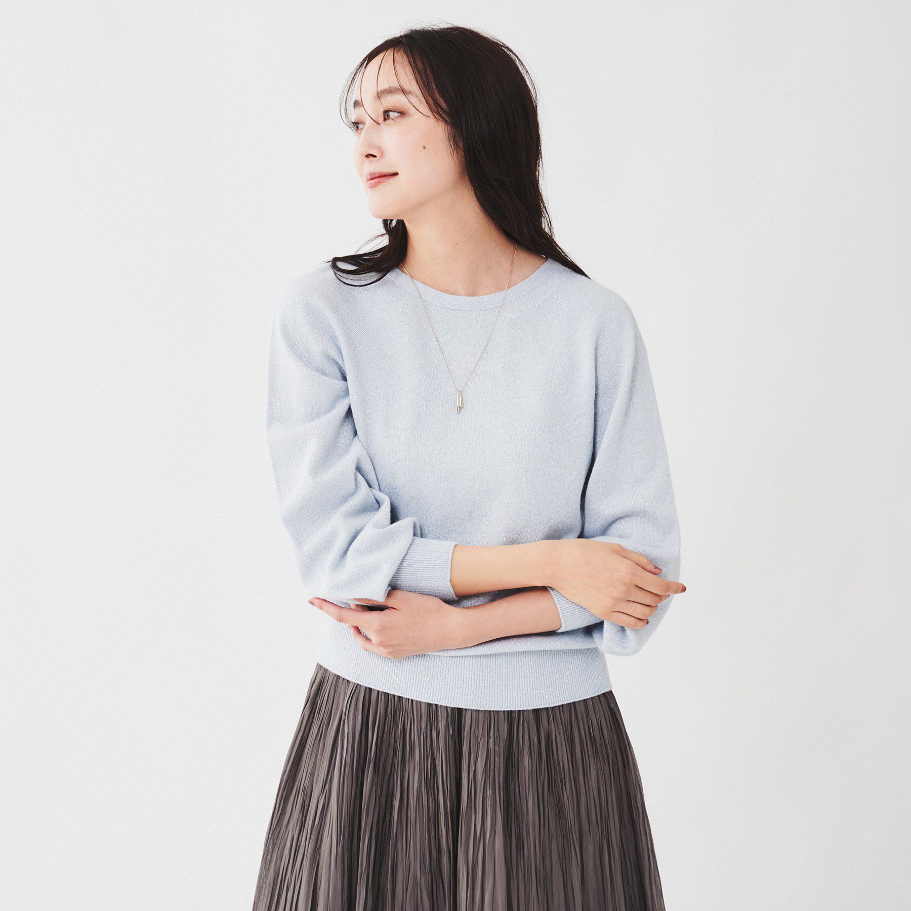 UNTITLED「【日本製/オンオフ使える】ラメ混パフスリーブプルオーバーニット」|ニット・セーター|サックスブルー(09