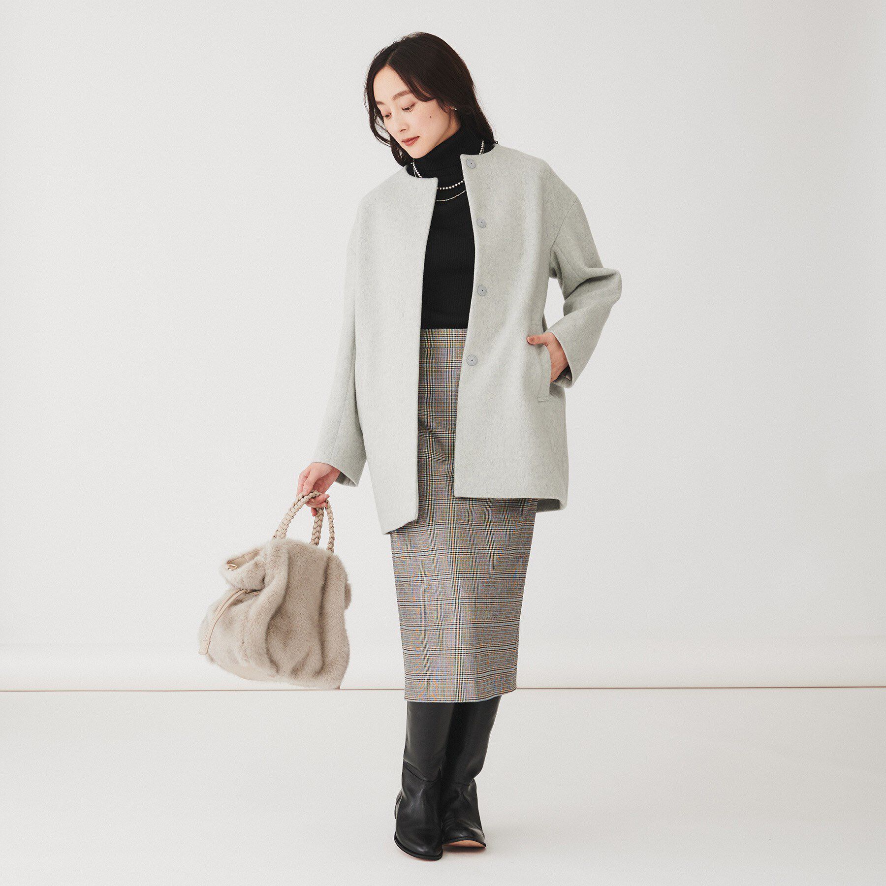 UNTITLED「【日本製】ミディ丈ノーカラーコート」|ノーカラーコート|