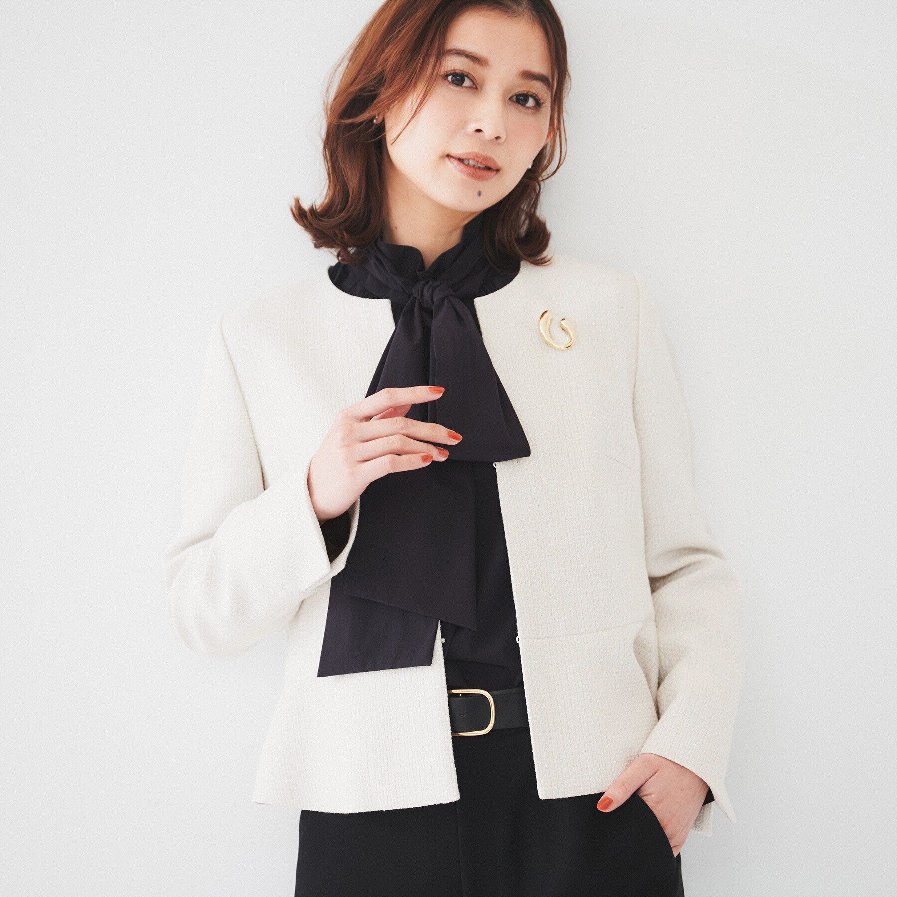 UNTITLED「【通勤】ツイード ペプラムジャケット」|ノーカラージャケット|