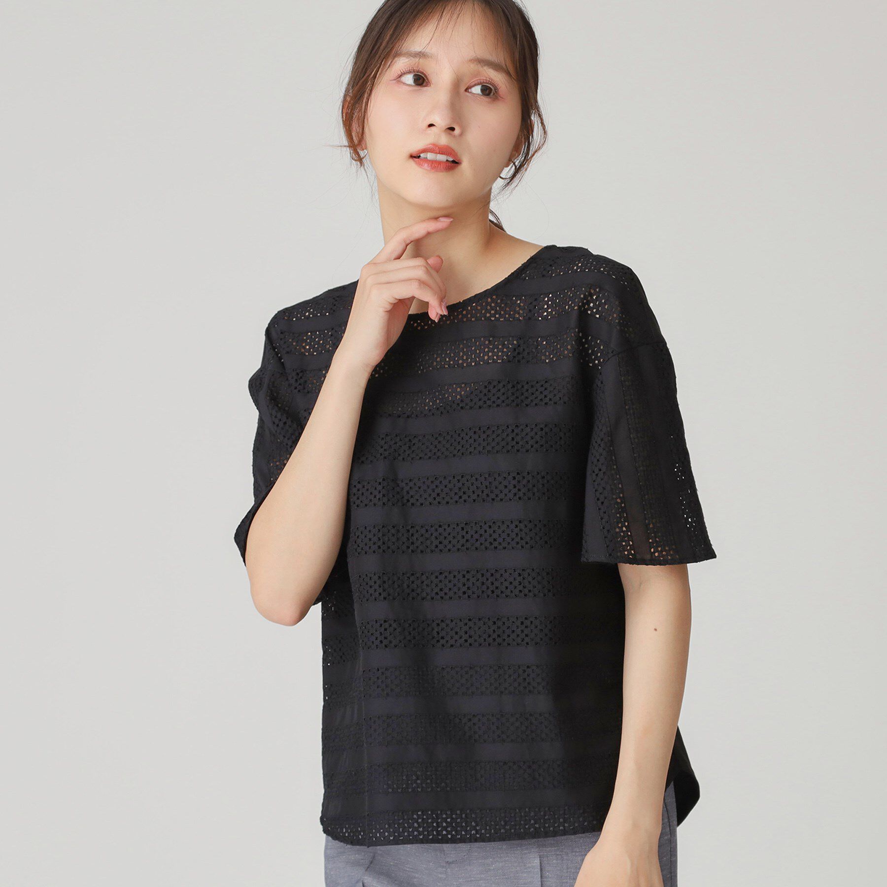 COUP DE CHANCE「【手洗い可／日本製】ジオメボーダーレースカットソー」|Tシャツ・カットソー|