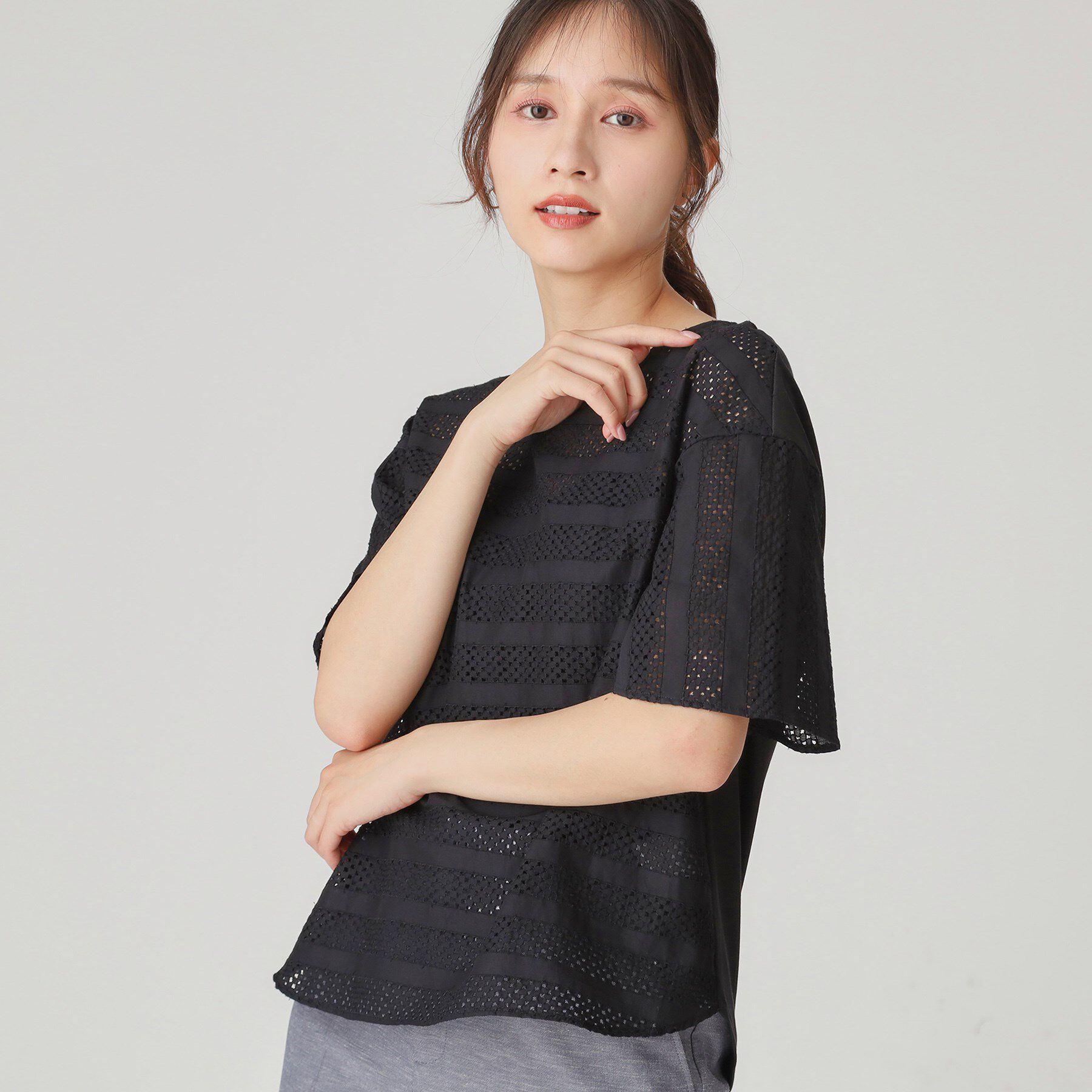 COUP DE CHANCE「【手洗い可／日本製】ジオメボーダーレースカットソー」|Tシャツ・カットソー|ブラック(019)